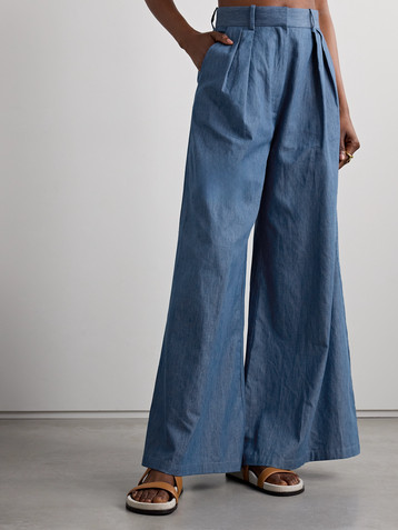 Miguelina River pleated cotton-chambray wide-leg pants