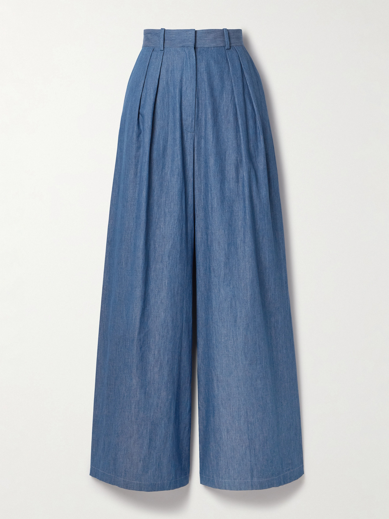 Miguelina River Pleated Cotton-chambray Wide-leg Pants In Blue