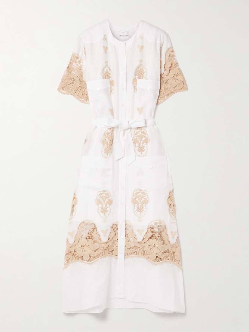 Miguelina Coraline Belted Guipure Lace-trimmed Linen Midi Dress