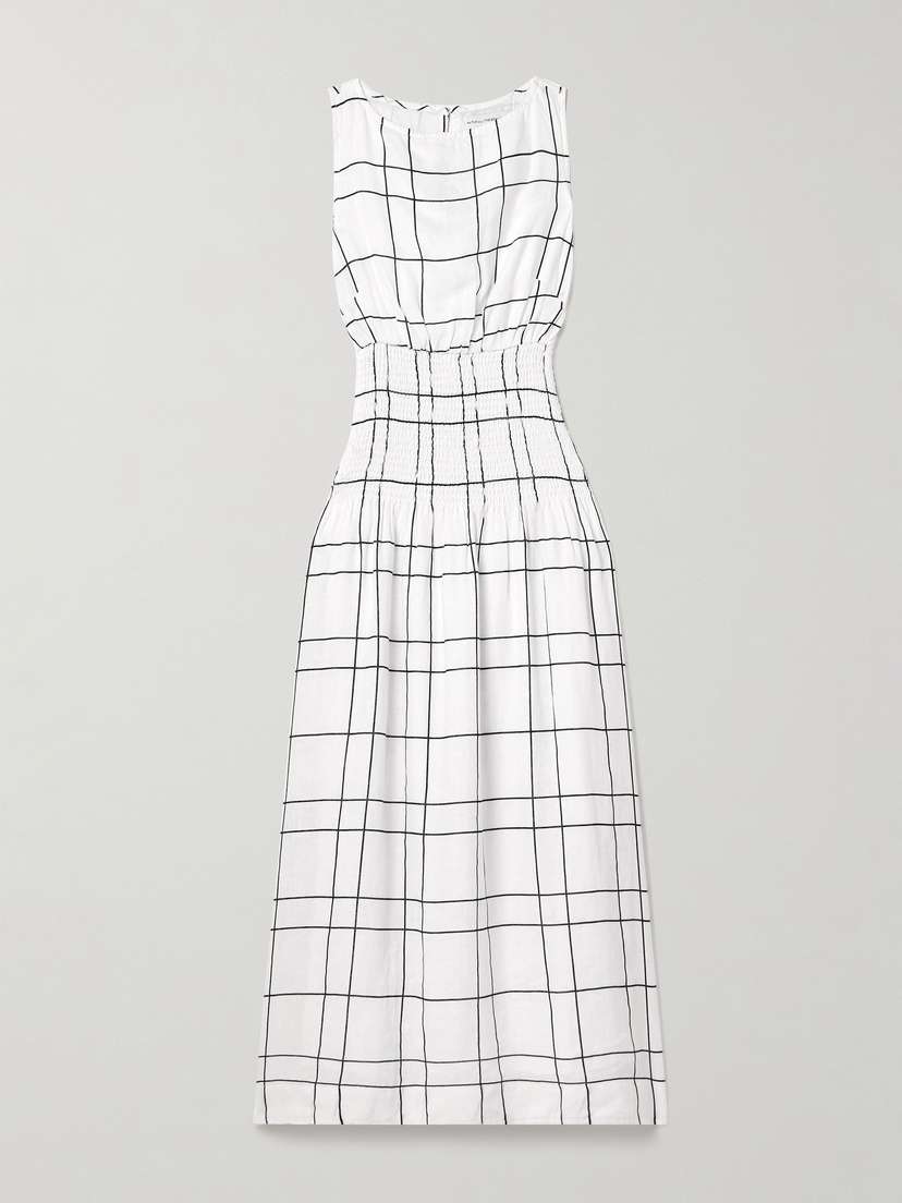Faithfull La Canella Shirred Checked Linen Midi Dress