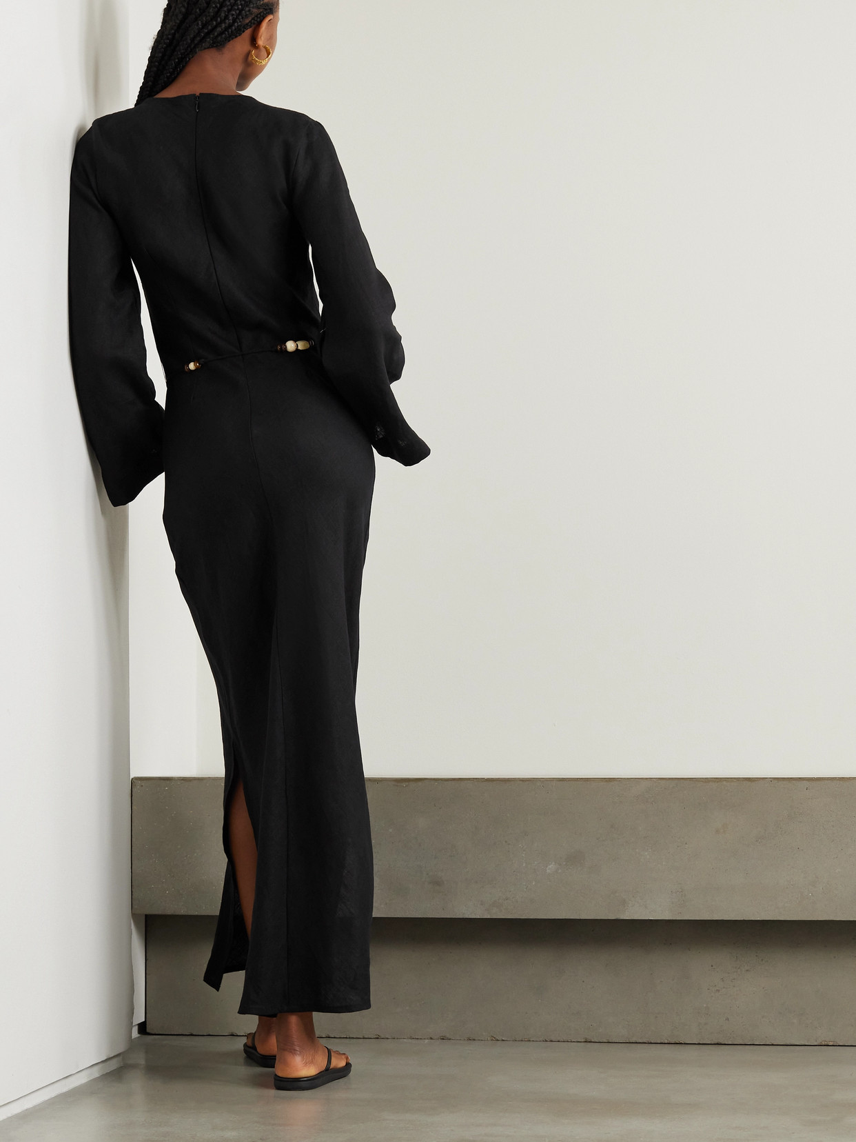 Faithfull The Brand Galea Belted Bead-embellished Linen Maxi Dress In Black