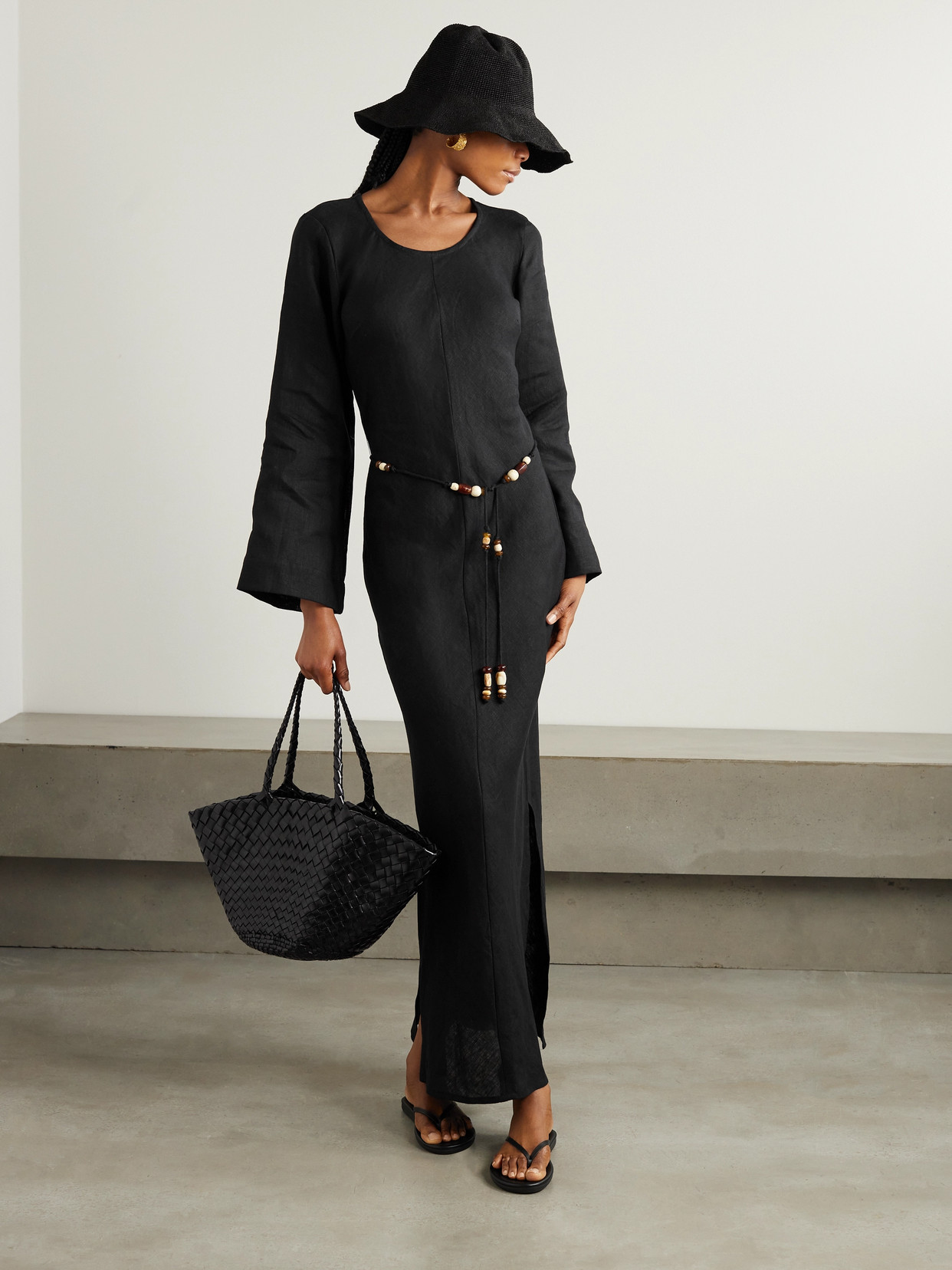 Faithfull The Brand Galea Belted Bead-embellished Linen Maxi Dress In Black