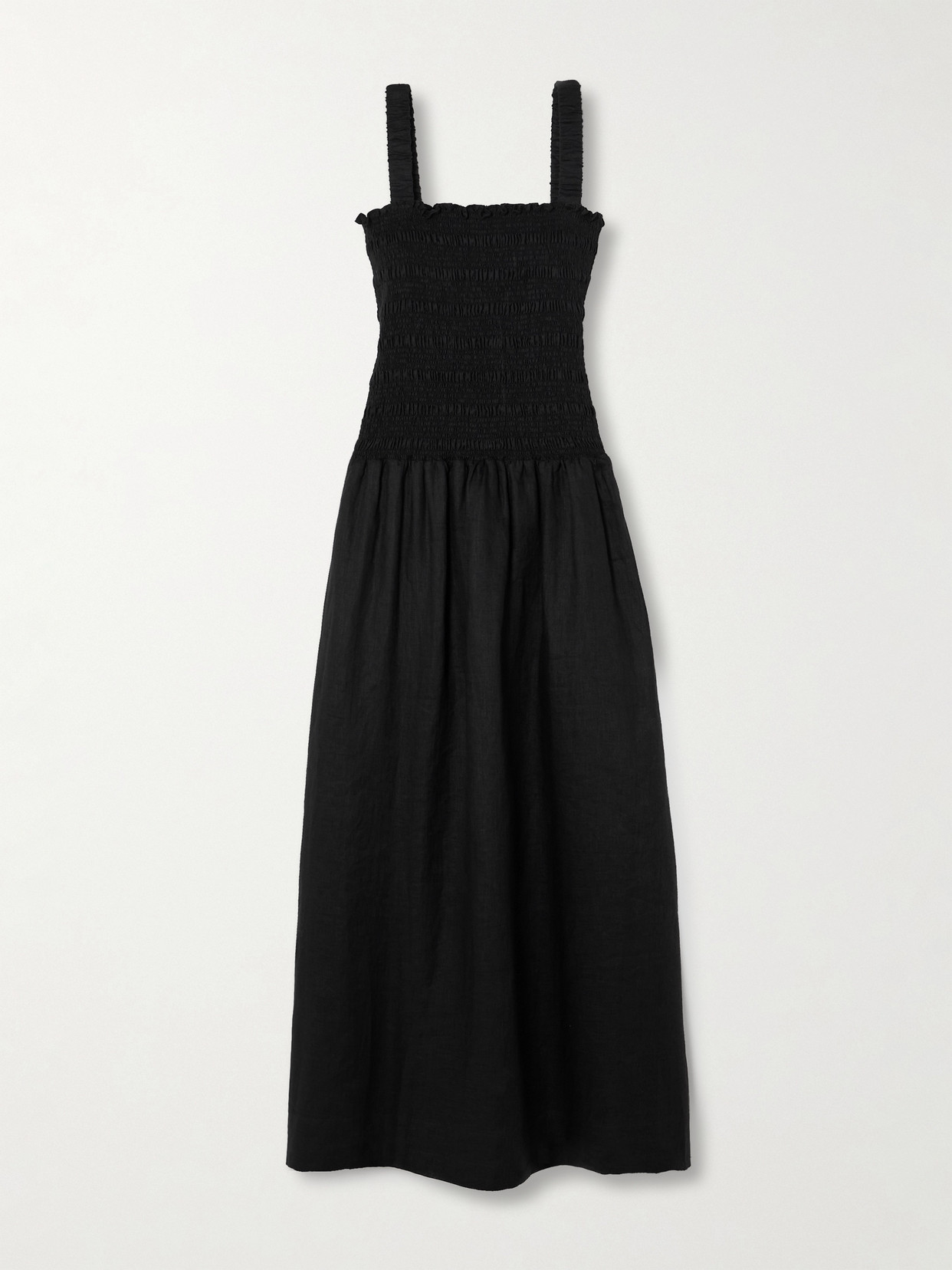 Faithfull The Brand Messina Shirred Linen Midi Dress In Black