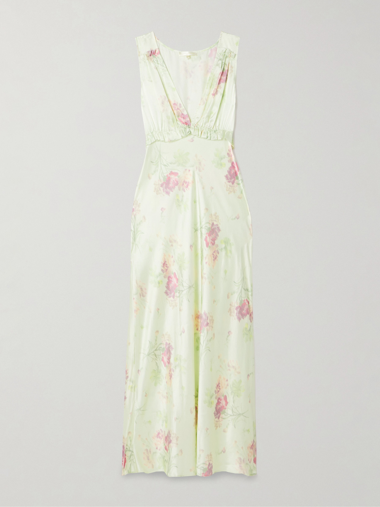 Shop Loveshackfancy Suniva Ruffled Floral-print Silk-charmeuse Maxi Dress In Green