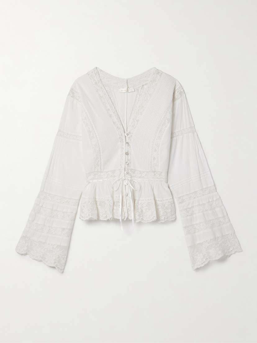 LoveShackFancy Mindy Lace-trimmed Pintucked Cotton-voile Blouse