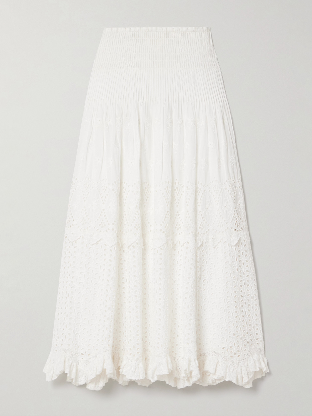 Loveshackfancy Tian Lace-trimmed Shirred Broderie Anglaise Cotton Midi Skirt In Off-white