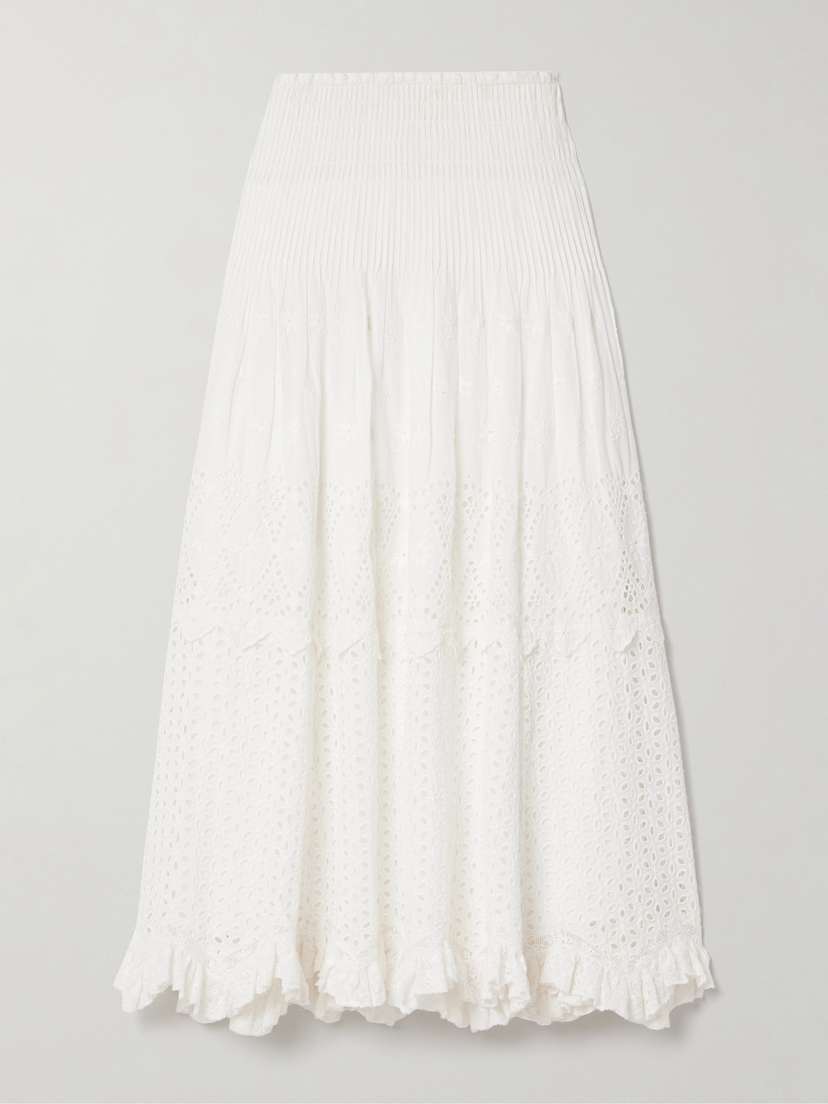 LoveShackFancy Tian Lace-trimmed Shirred Broderie Anglaise Cotton Midi Skirt - x large