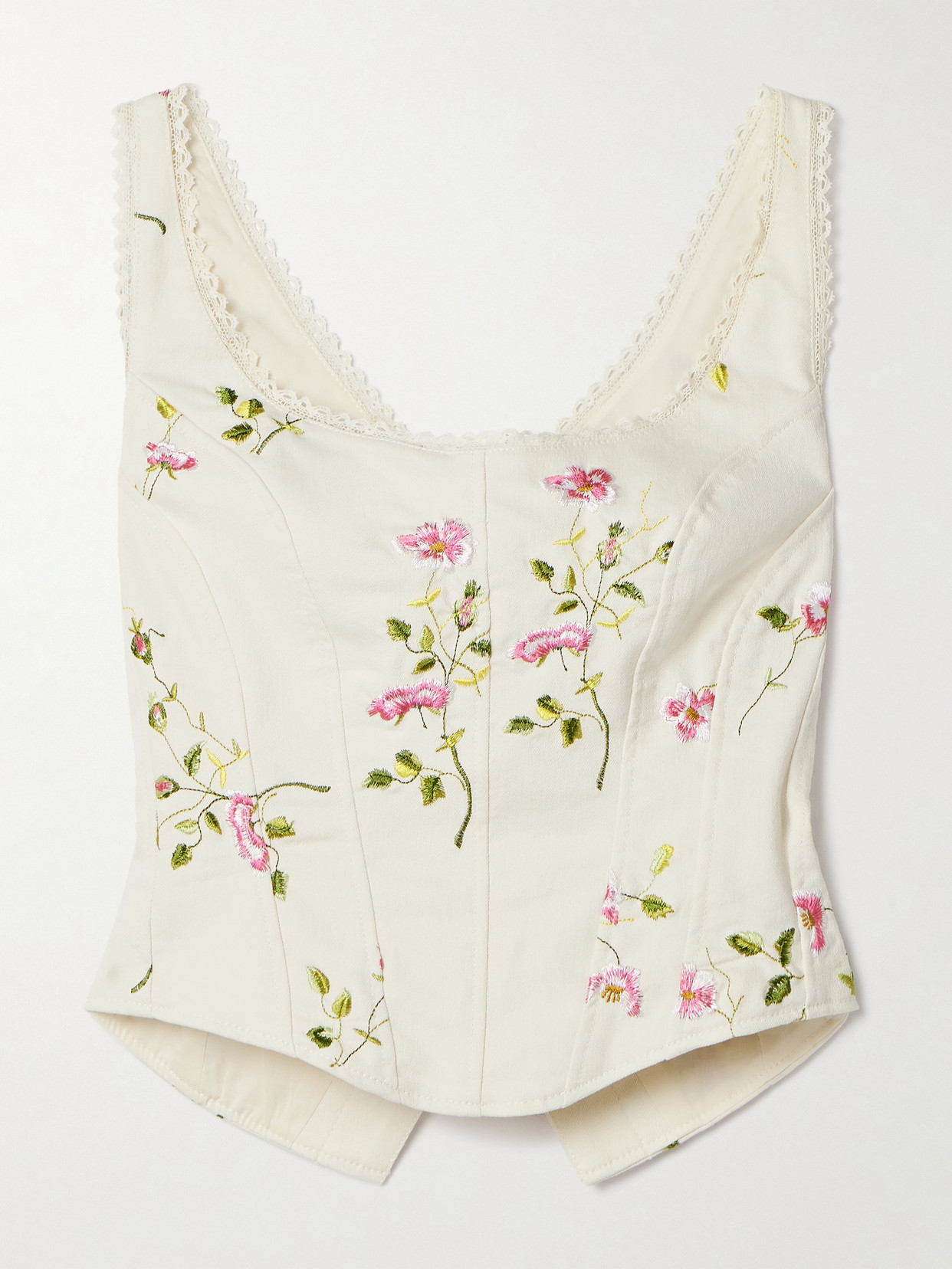 Shop Loveshackfancy Rhapsody Lace-trimmed Embroidered Cotton-twill Bustier Top In Off-white