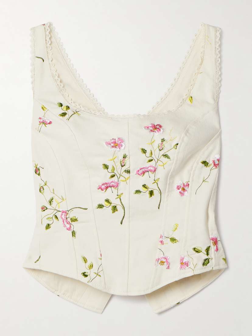 LoveShackFancy Rhapsody Lace-trimmed Embroidered Cotton-twill Bustier Top
