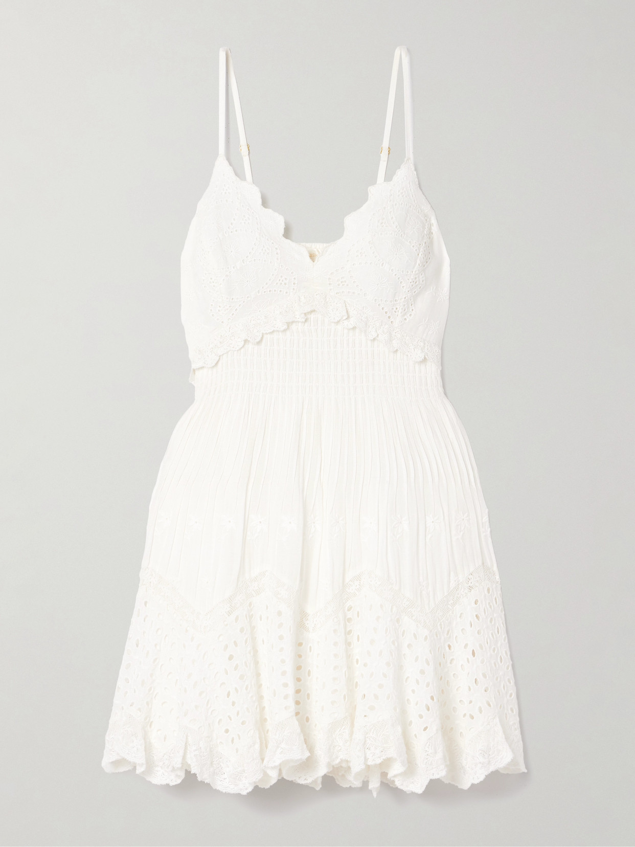 Loveshackfancy Kerielle Crochet-trimmed Shirred Broderie Anglaise Cotton-voile Mini Dress In Off-white