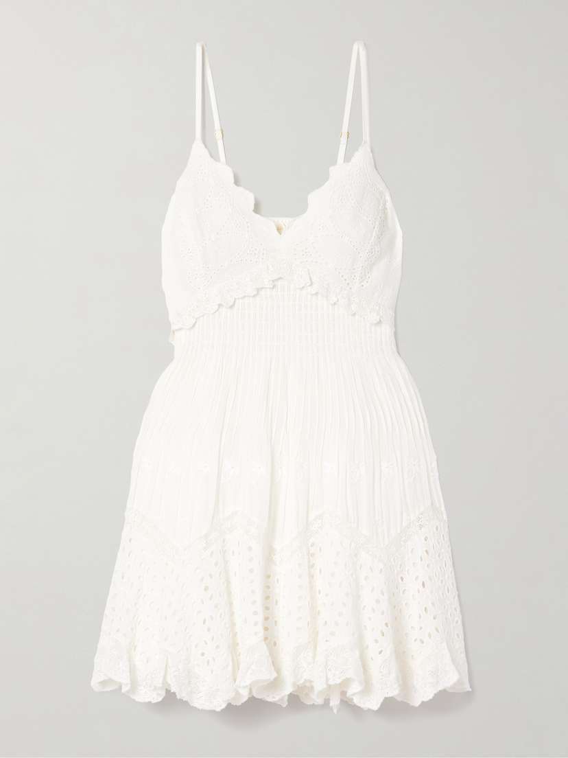LoveShackFancy Kerielle Crochet-trimmed Shirred Broderie Anglaise Cotton-voile Mini Dress - x large