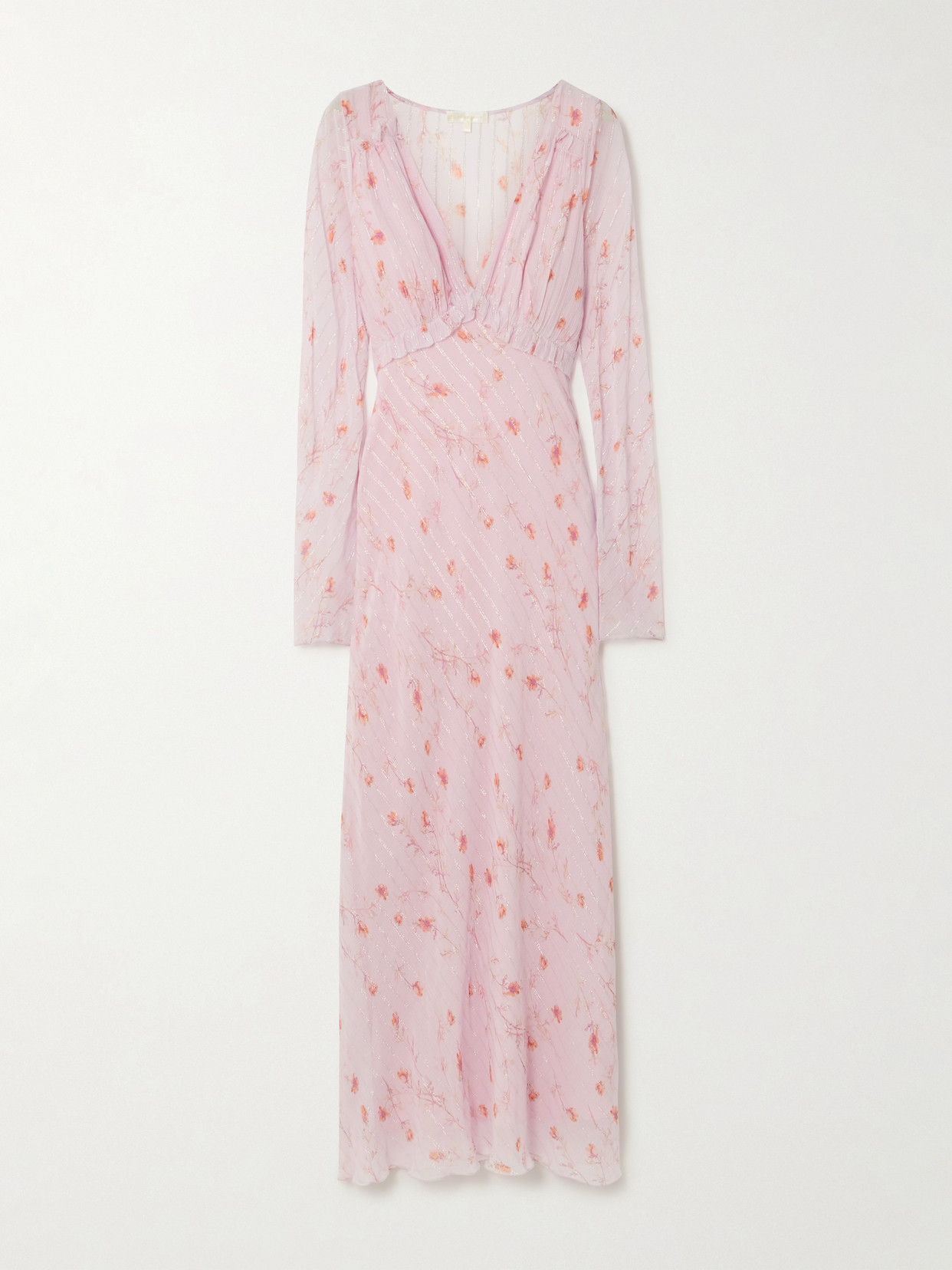 Loveshackfancy Dalila Ruffled Metallic Striped Floral-print Chiffon Maxi Dress In Pink