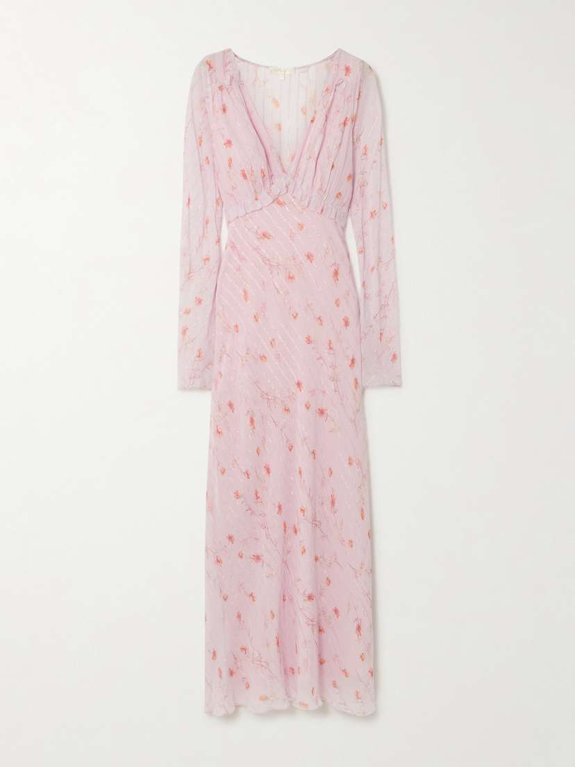 LoveShackFancy Dalila Ruffled Metallic Striped Floral-print Chiffon Maxi Dress