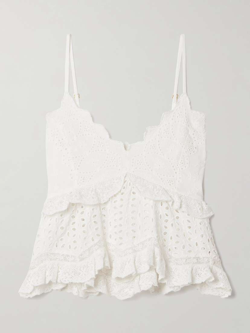 LoveShackFancy Senta Cropped Lace-trimmed Broderie Anglaise Cotton Tank