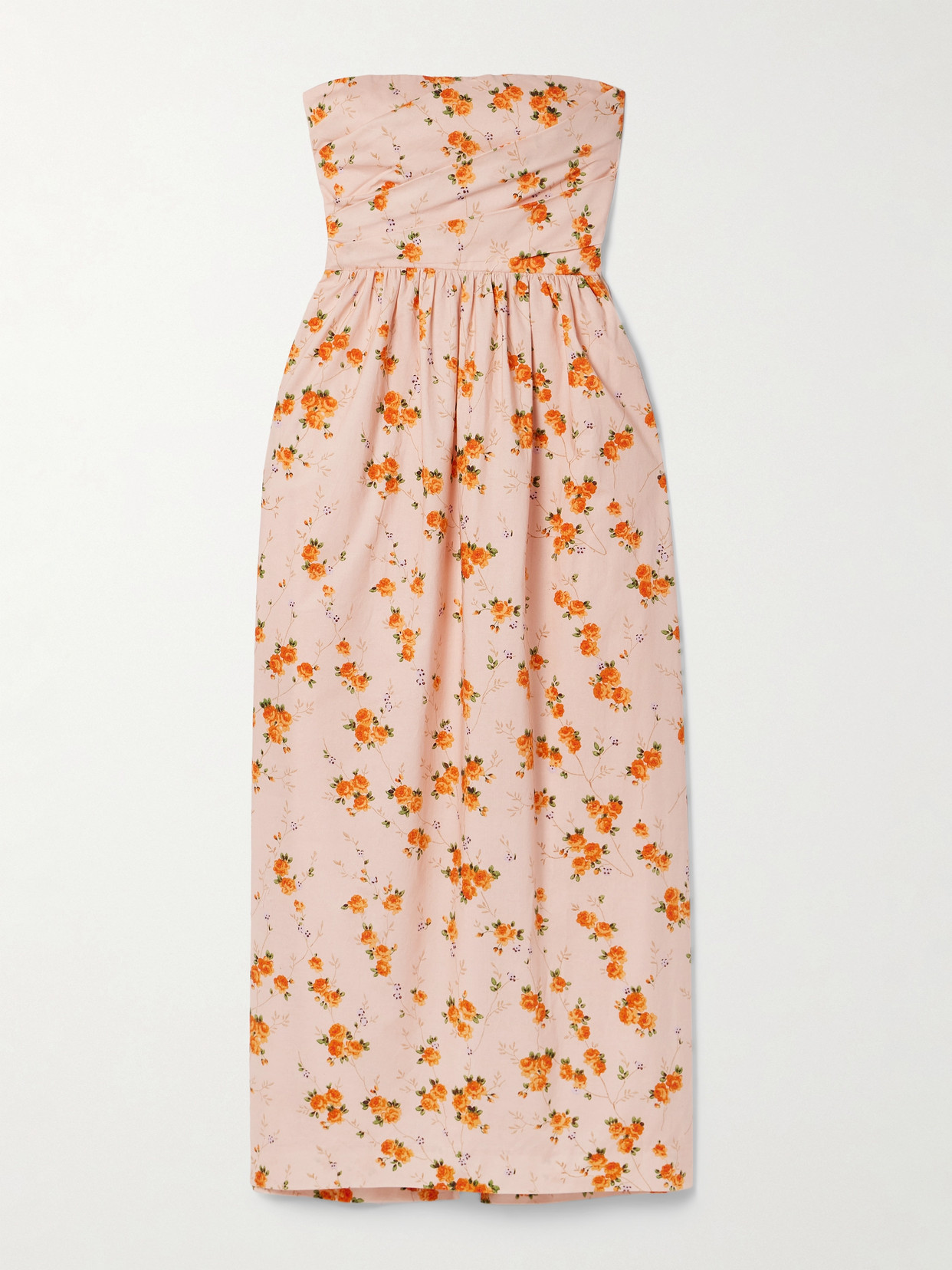 Shop Loveshackfancy Luxie Strapless Floral-print Cotton-voile Midi Dress In Orange