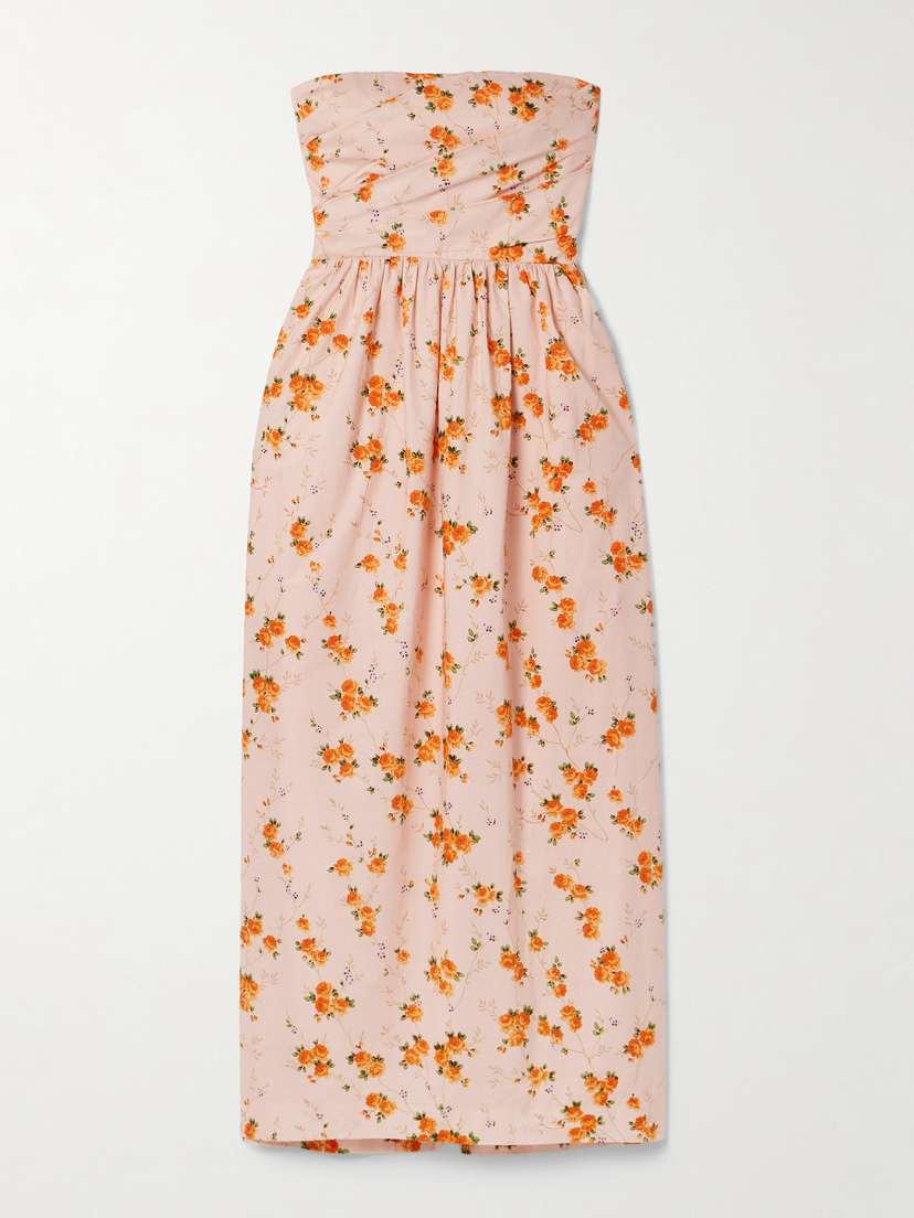 LoveShackFancy Luxie Strapless Floral-print Cotton-voile Midi Dress