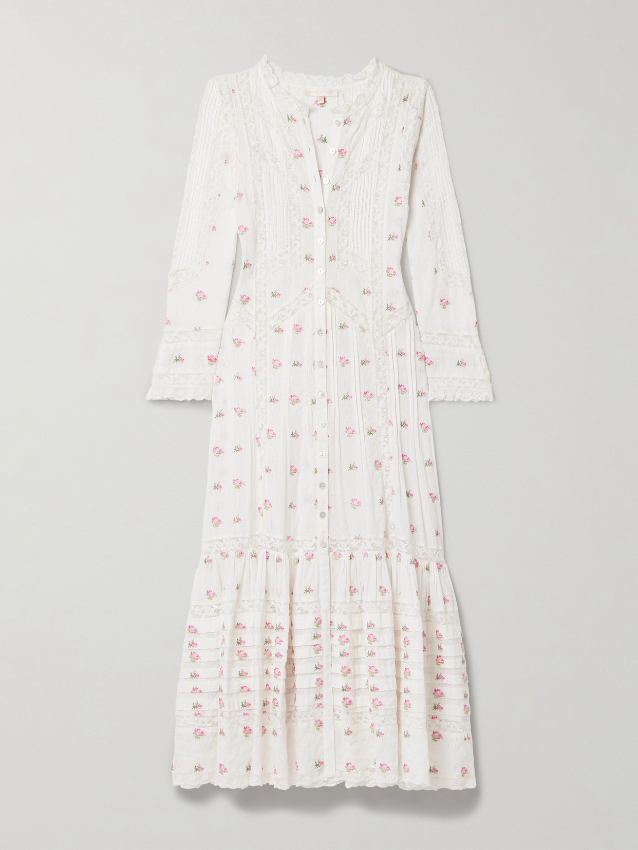 Loveshackfancy Avin Pointelle-knit And Crocheted Lace-trimmed Embroidered Cotton-voile Midi Dress In Pink