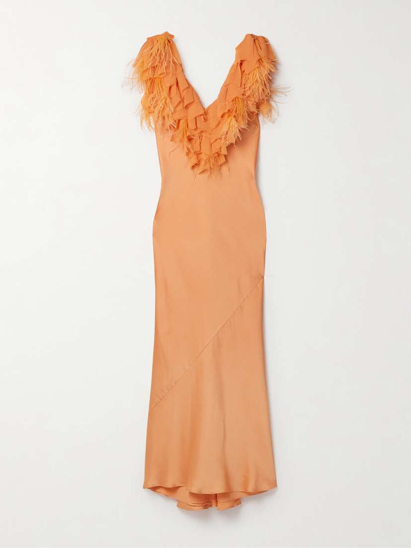 LoveShackFancy Manota Ruffled Crepe And Feather-trimmed Charmeuse Maxi Dress