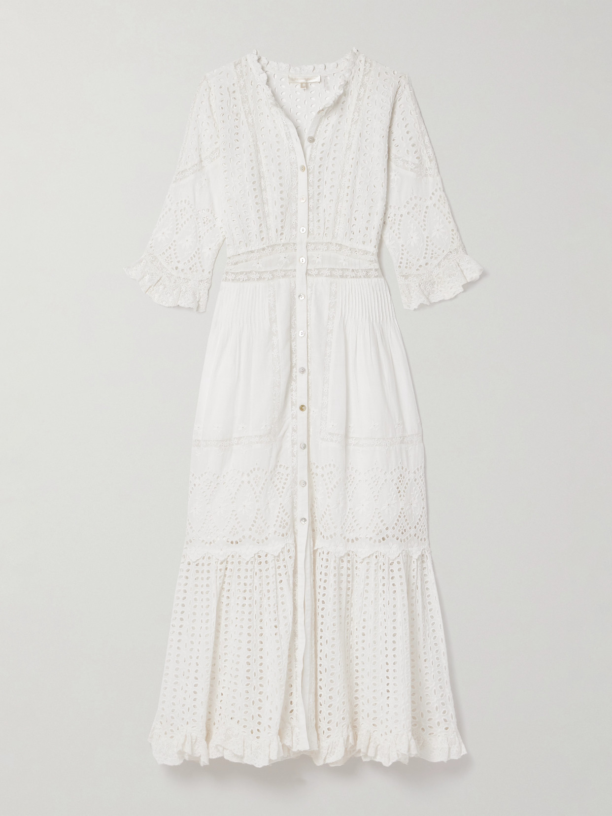 Loveshackfancy Botina Lace-trimmed Broderie Anglaise Cotton Midi Shirt Dress In Off-white
