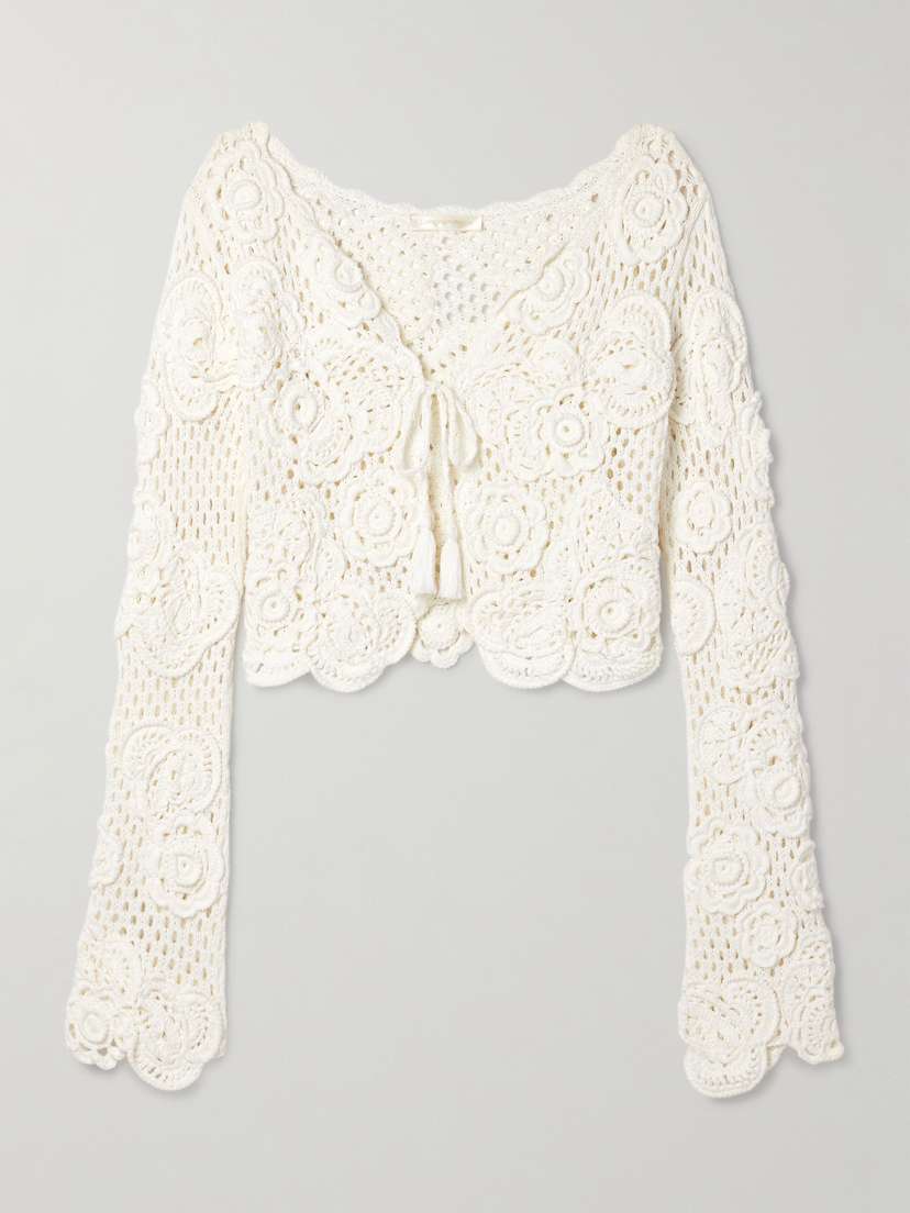 LoveShackFancy Kylan Cropped Crocheted Cotton Cardigan