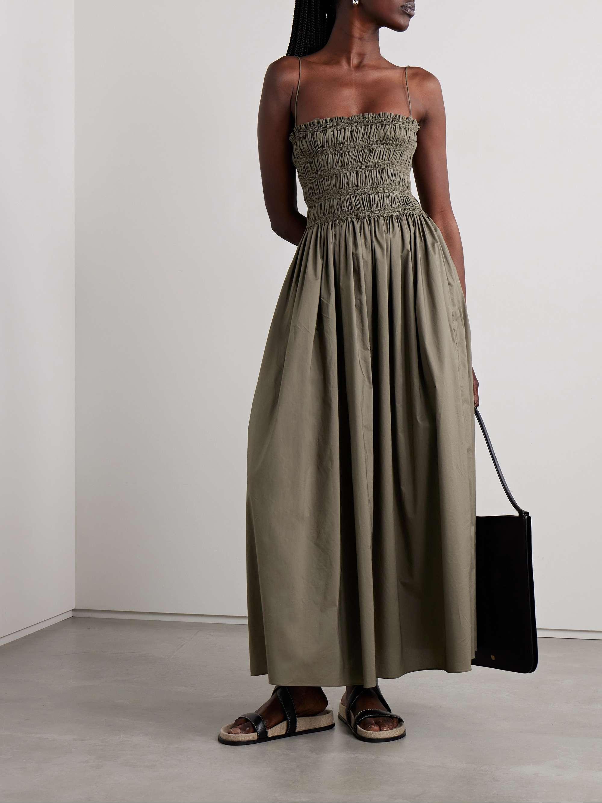 Shirred organic cotton midi dress gray green 1