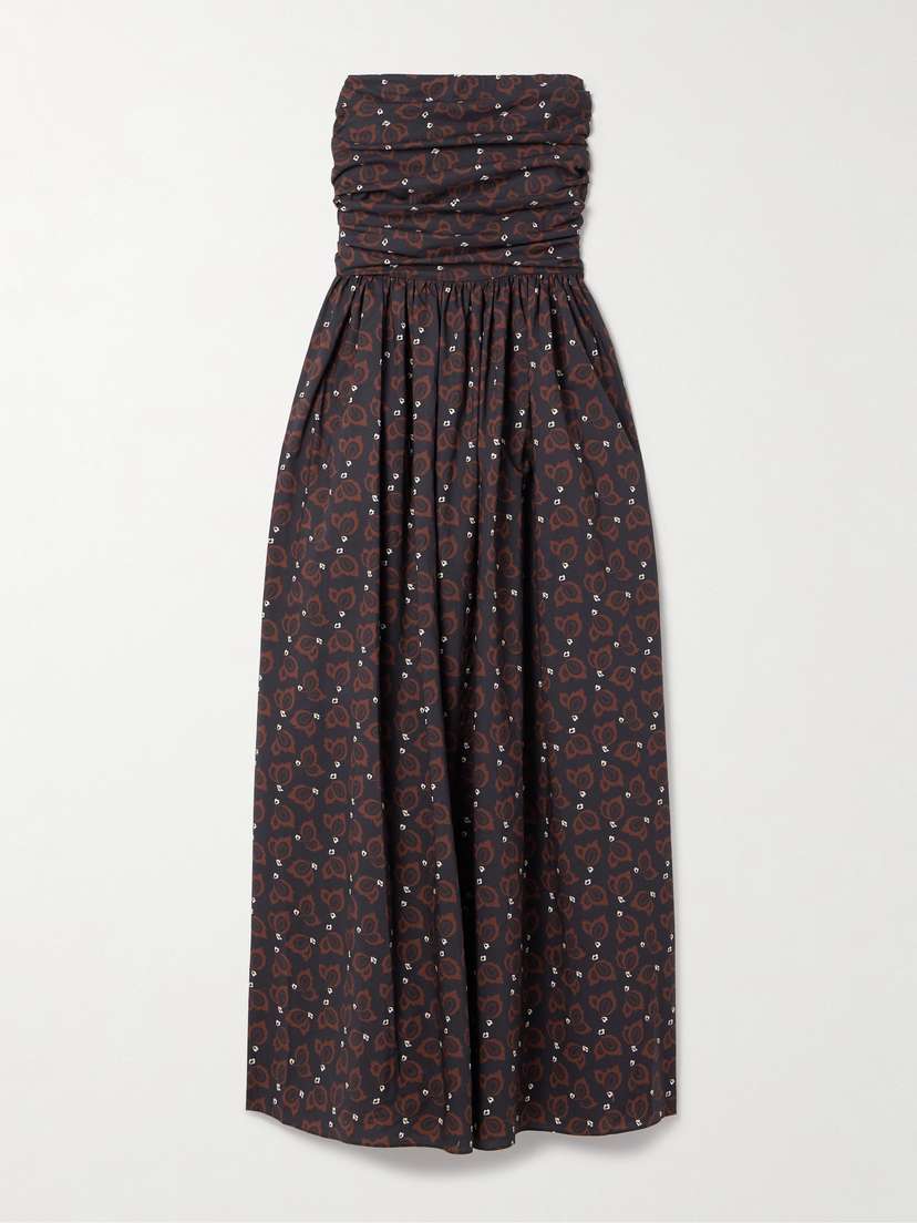 Matteau Strapless Printed Gathered Organic Cotton-poplin Maxi Dress