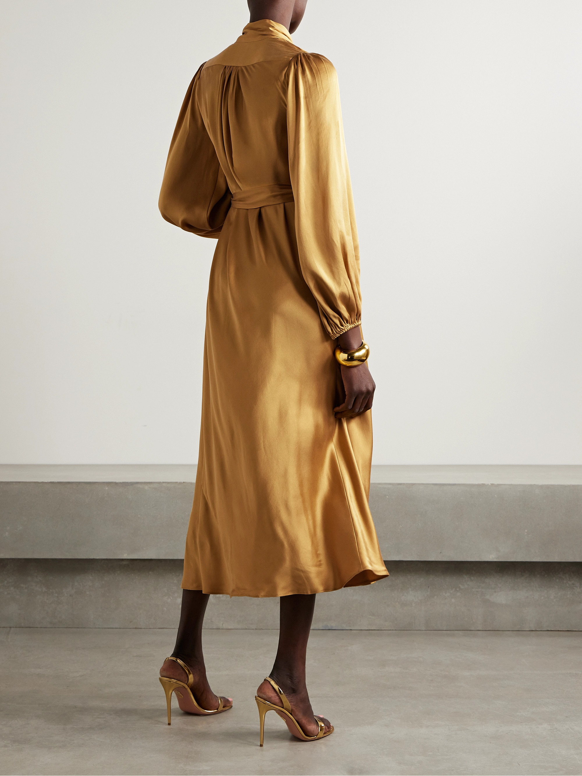 Zimmermann Billow pussy-bow belted silk-satin midi dress