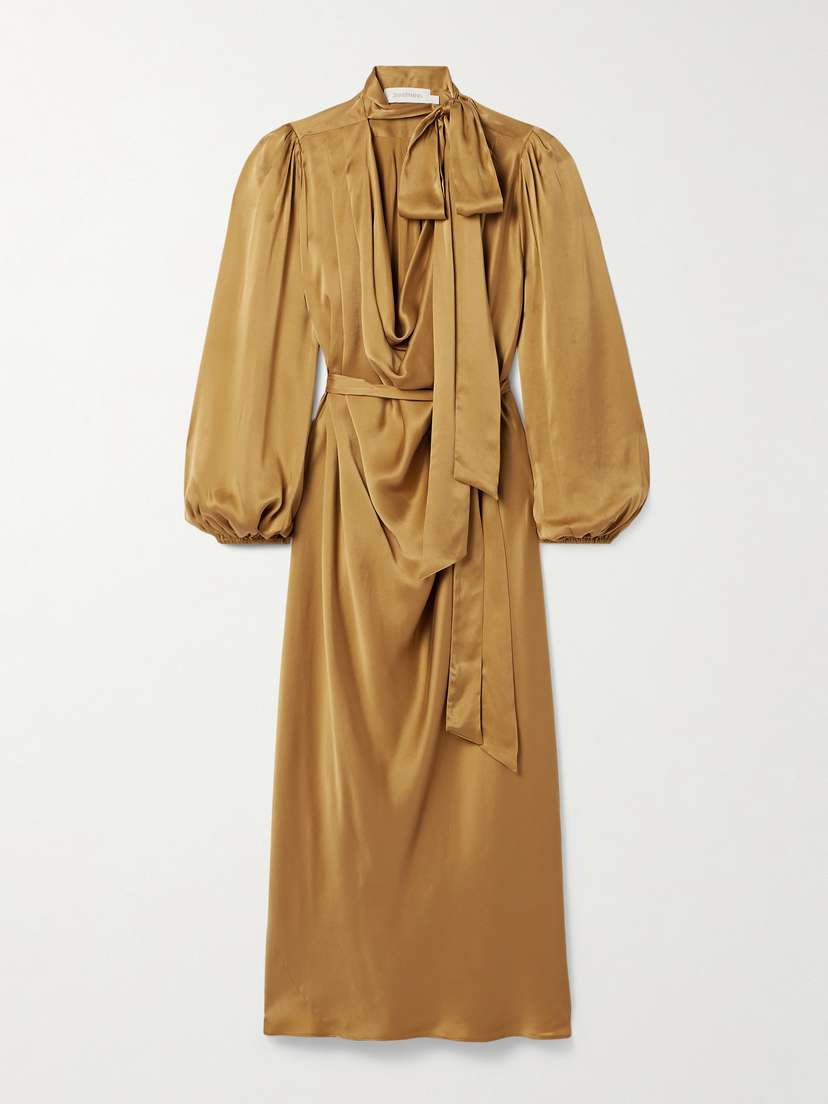 Zimmermann Billow Pussy-bow Belted Silk-satin Midi Dress