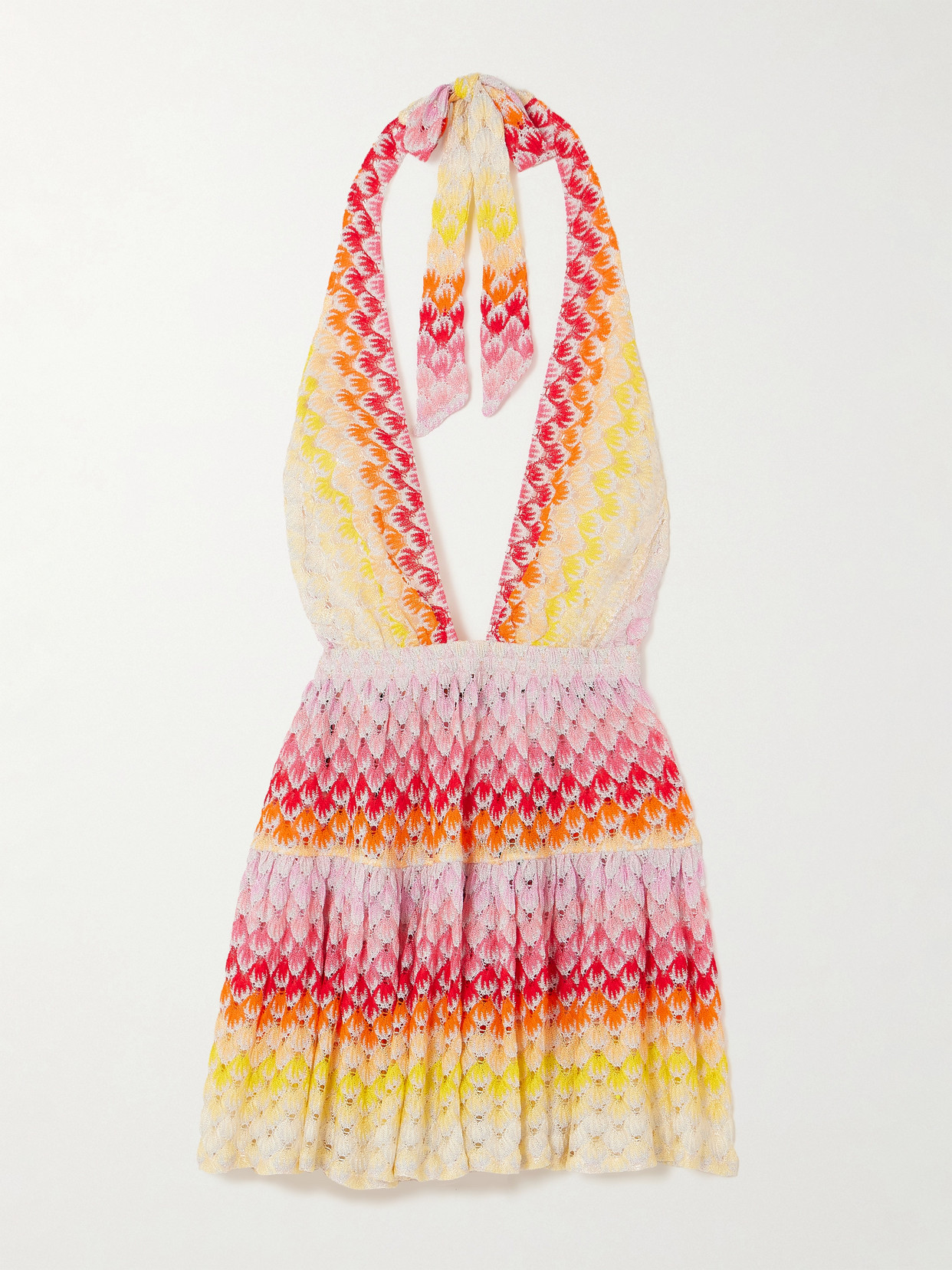 MISSONI MARE TIERED METALLIC CROCHET-KNIT HALTERNECK COVERUP