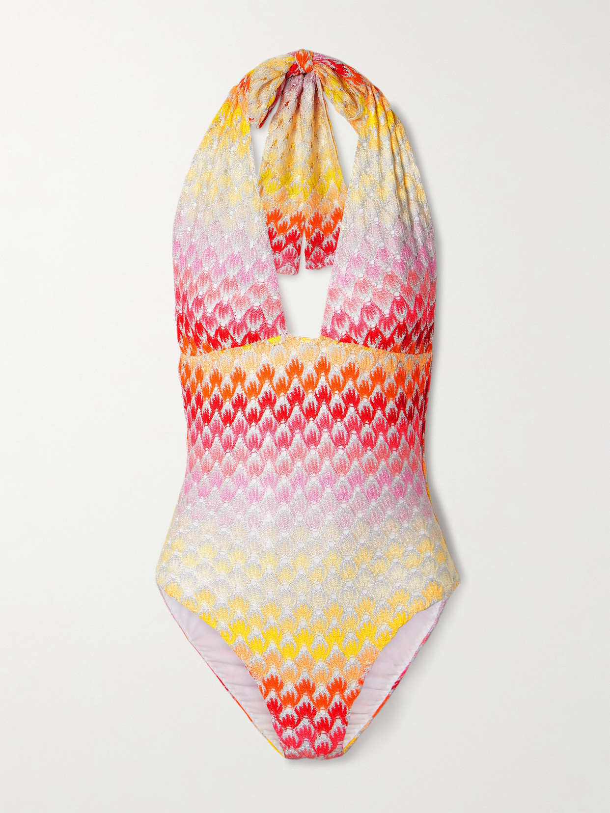 Missoni Mare Striped Metallic Crochet-knit Halterneck Swimsuit In Multi