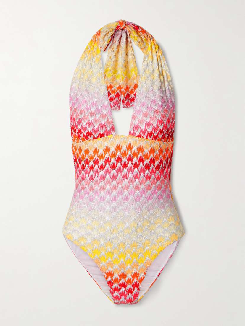 Missoni Mare Striped Metallic Crochet-knit Halterneck Swimsuit