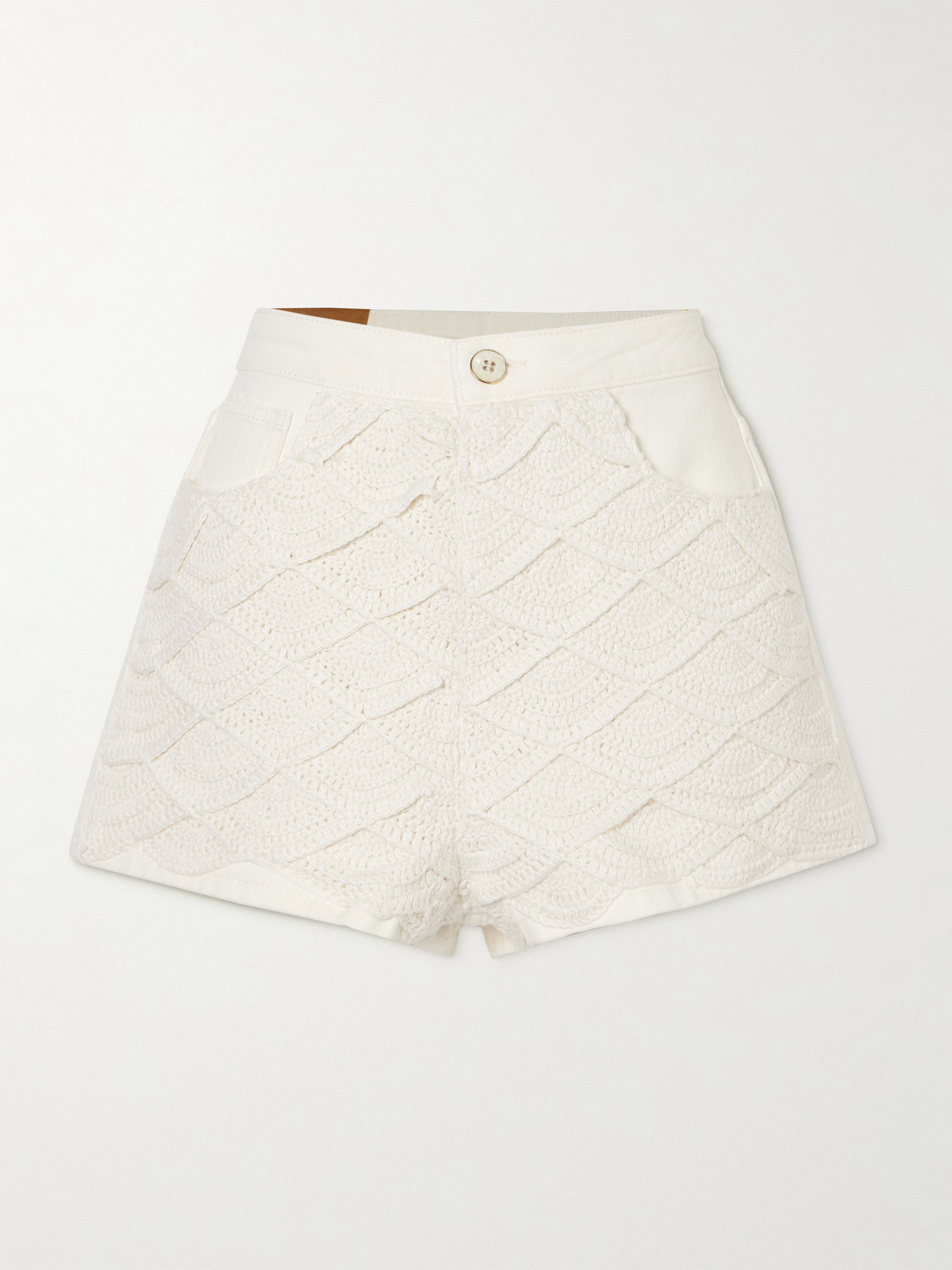 Farm Rio Crocheted Cotton And Denim Shorts In White