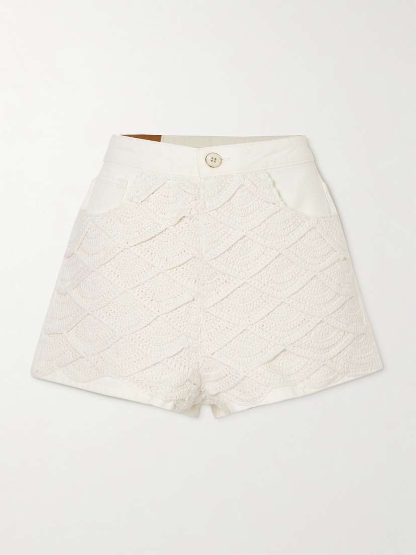Farm Rio Crocheted Cotton And Denim Shorts