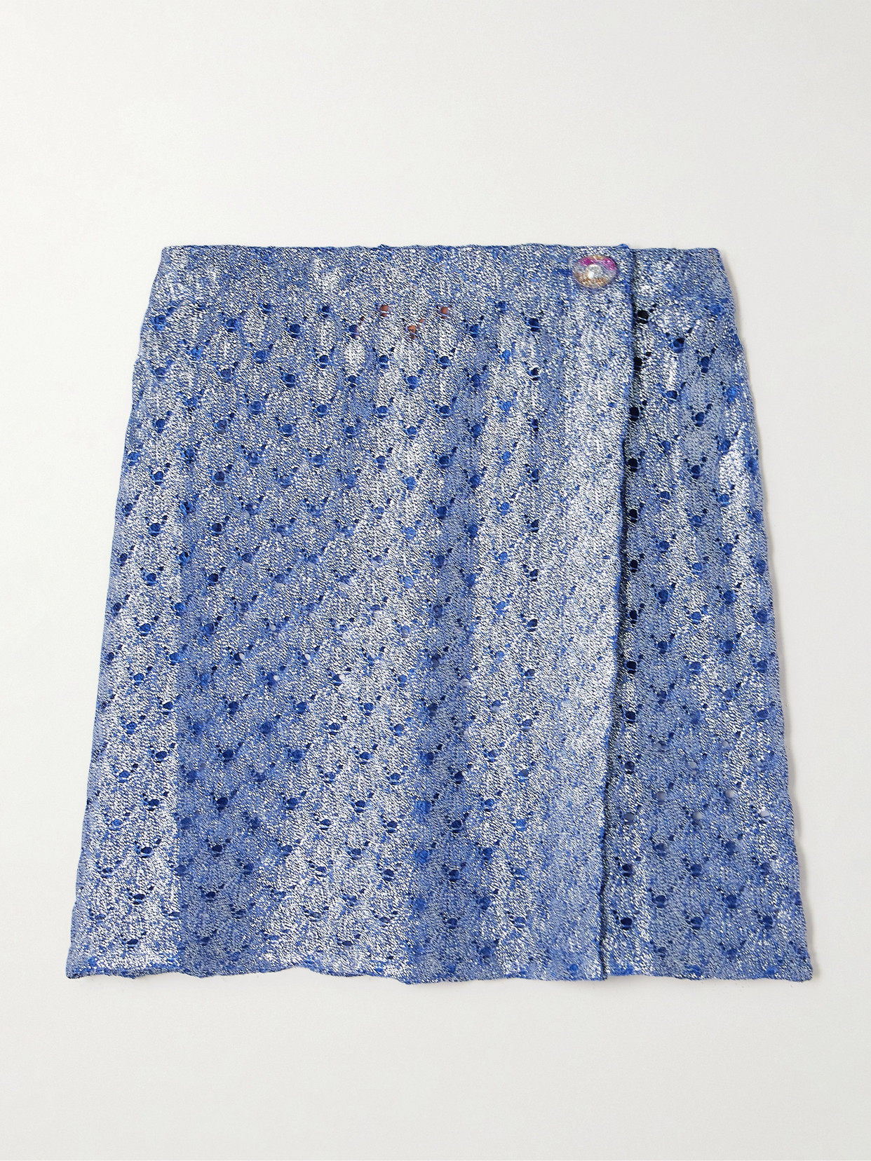 Missoni Wrap-effect Metallic Crochet-knit Mini Skirt In Blue