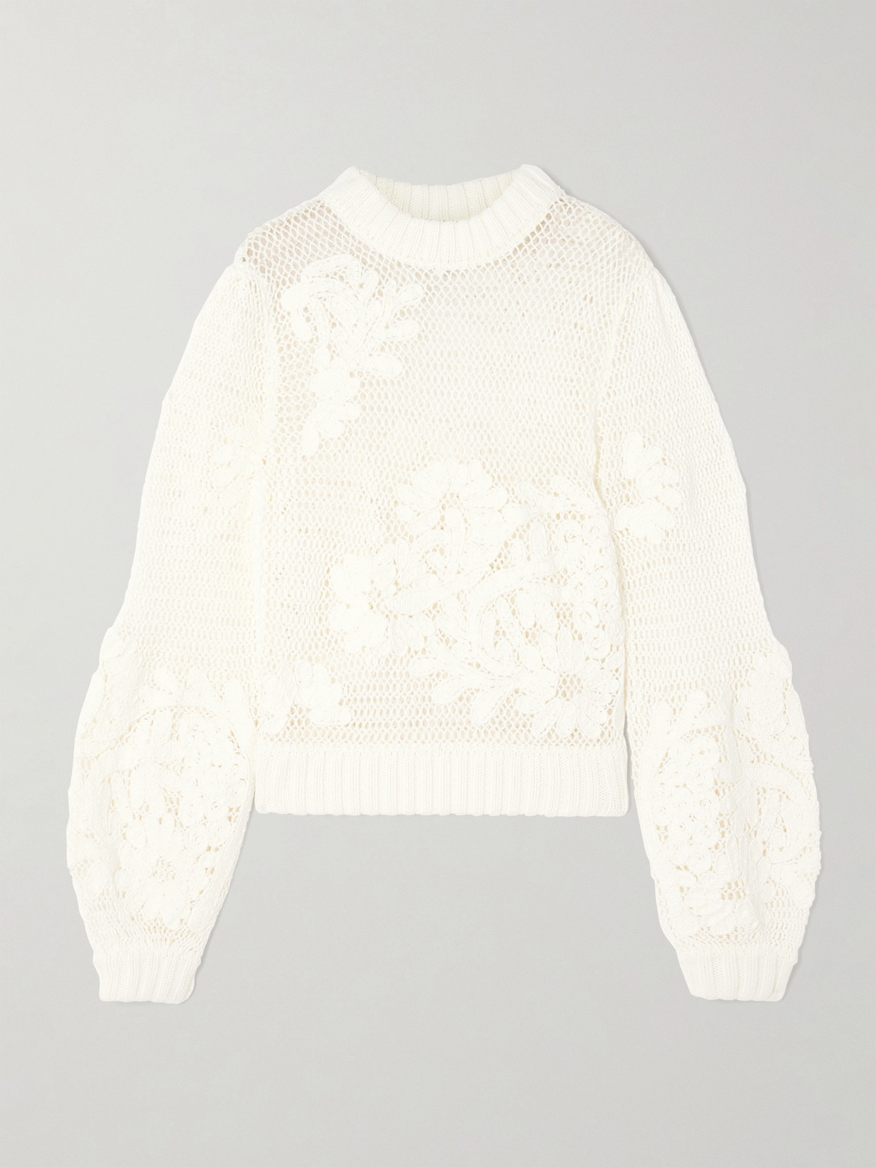 Farm Rio Appliquéd Open-knit Cotton-blend Sweater In White