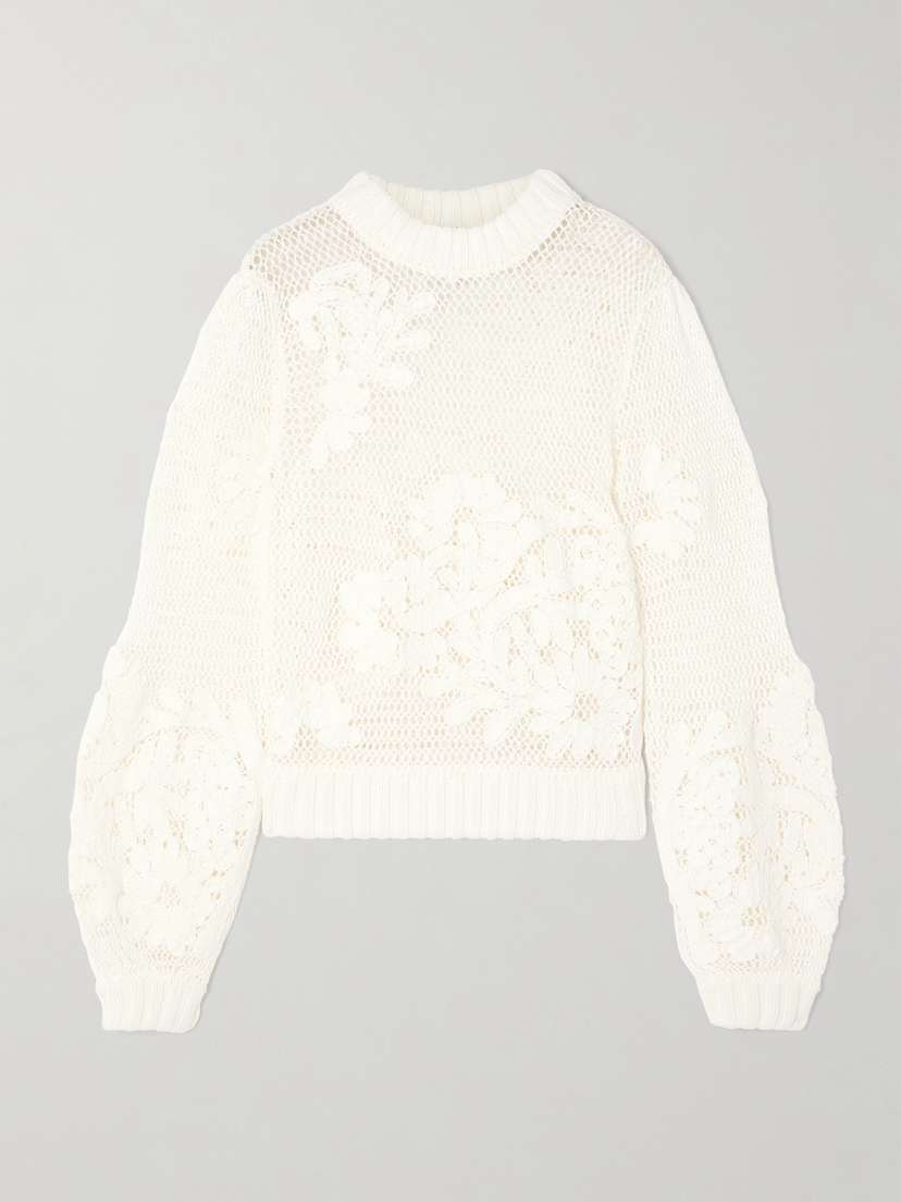 Farm Rio Appliquéd Open-knit Cotton-blend Sweater - x large