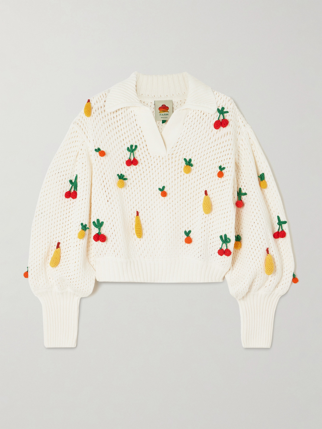 Farm Rio Appliquéd Open-knit Cotton Jumper In Off-white