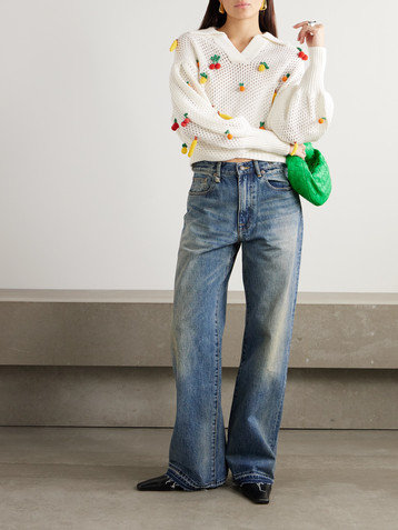 FARM Rio Appliquéd open-knit cotton sweater