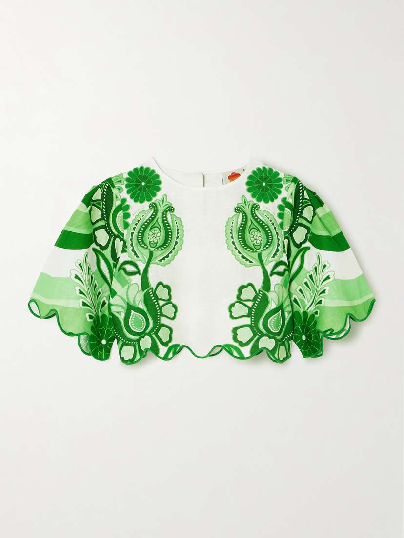 Farm Rio Cropped Scalloped Floral-print Linen Blouse - x large