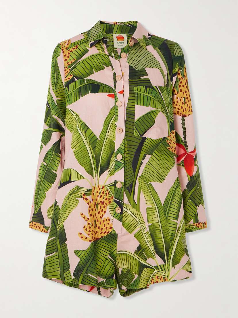 Farm Rio Banana Leaves Printed Linen-blend Playsuit