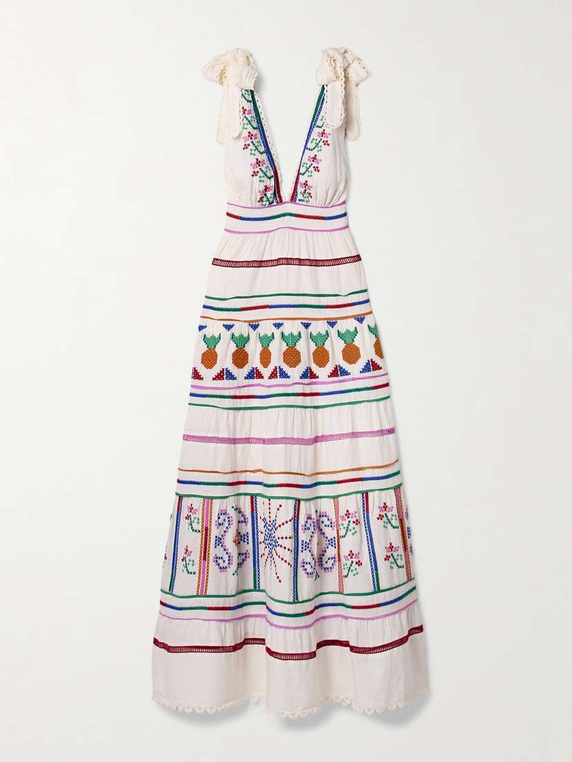 Farm Rio Embroidered Tiered Linen-blend Maxi Dress