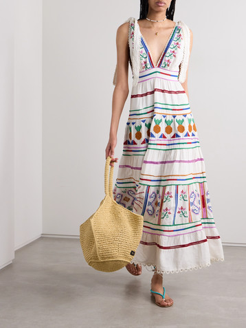 FARM Rio Embroidered tiered linen-blend maxi dress
