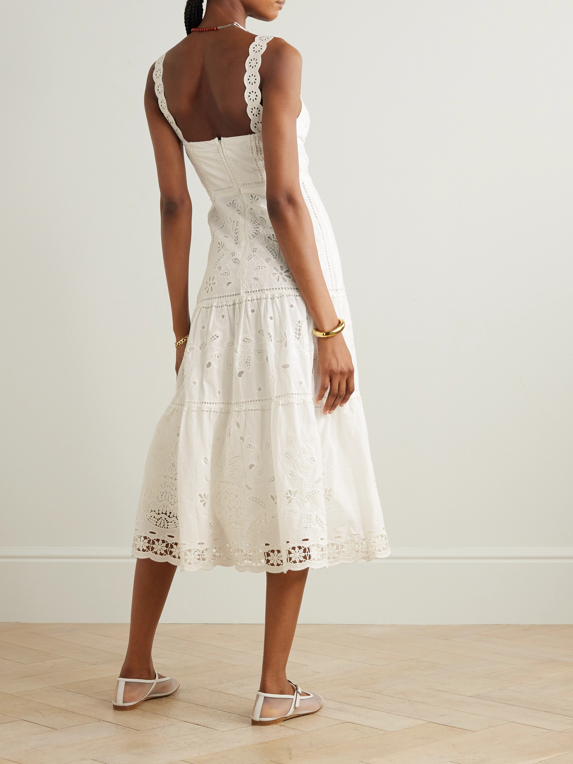 FARM Rio Richelieu tiered broderie anglaise cotton midi dress thumbnail
