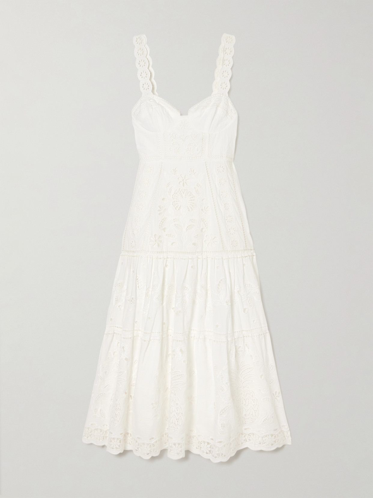 Farm Rio Richelieu Tiered Broderie Anglaise Cotton Midi Dress In Off-white