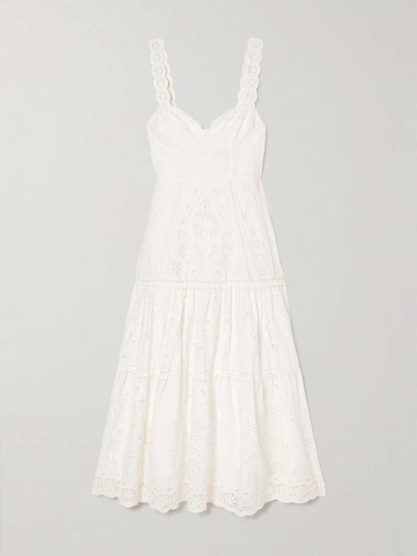 Farm Rio Richelieu Tiered Broderie Anglaise Cotton Midi Dress - xx small