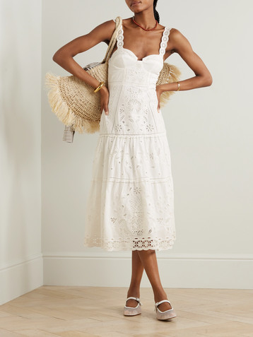 FARM Rio Richelieu tiered broderie anglaise cotton midi dress