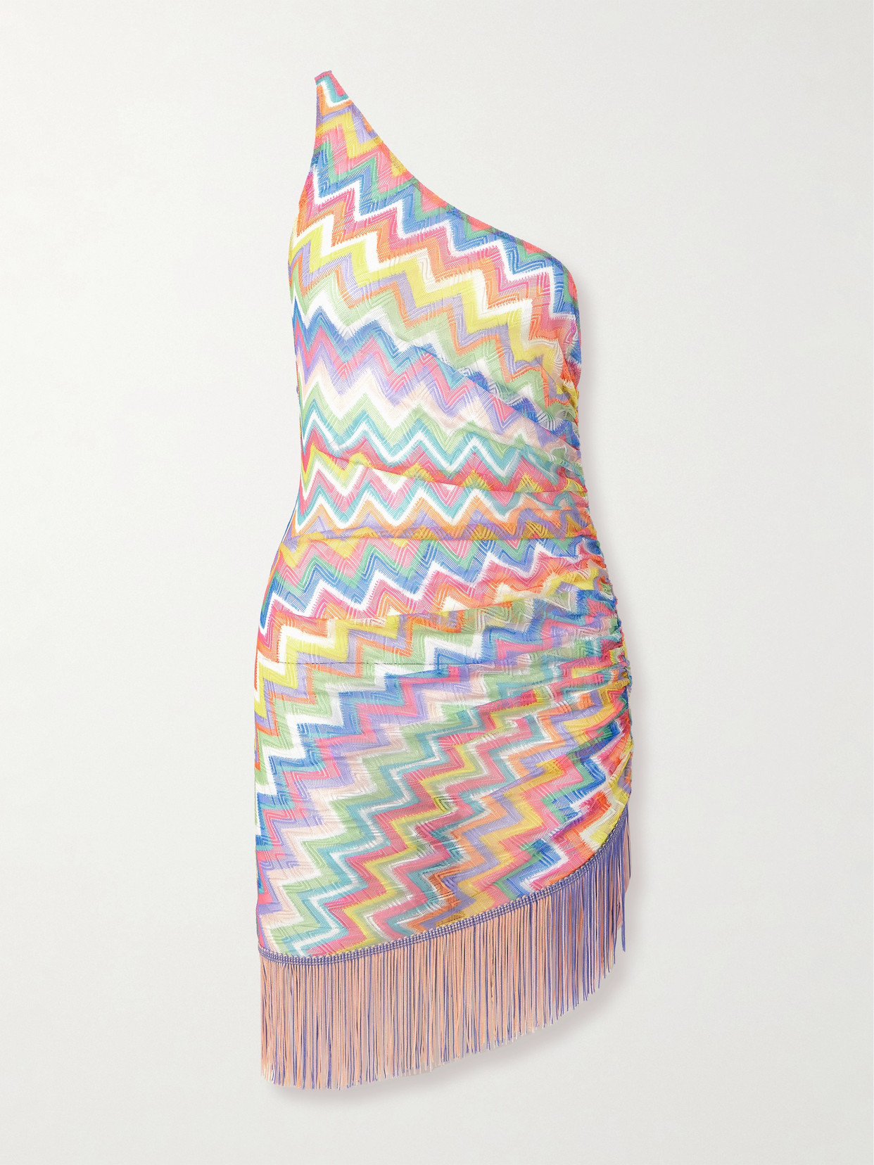 Missoni One-shoulder Fringed Striped Crochet-knit Mini Dress In Multi