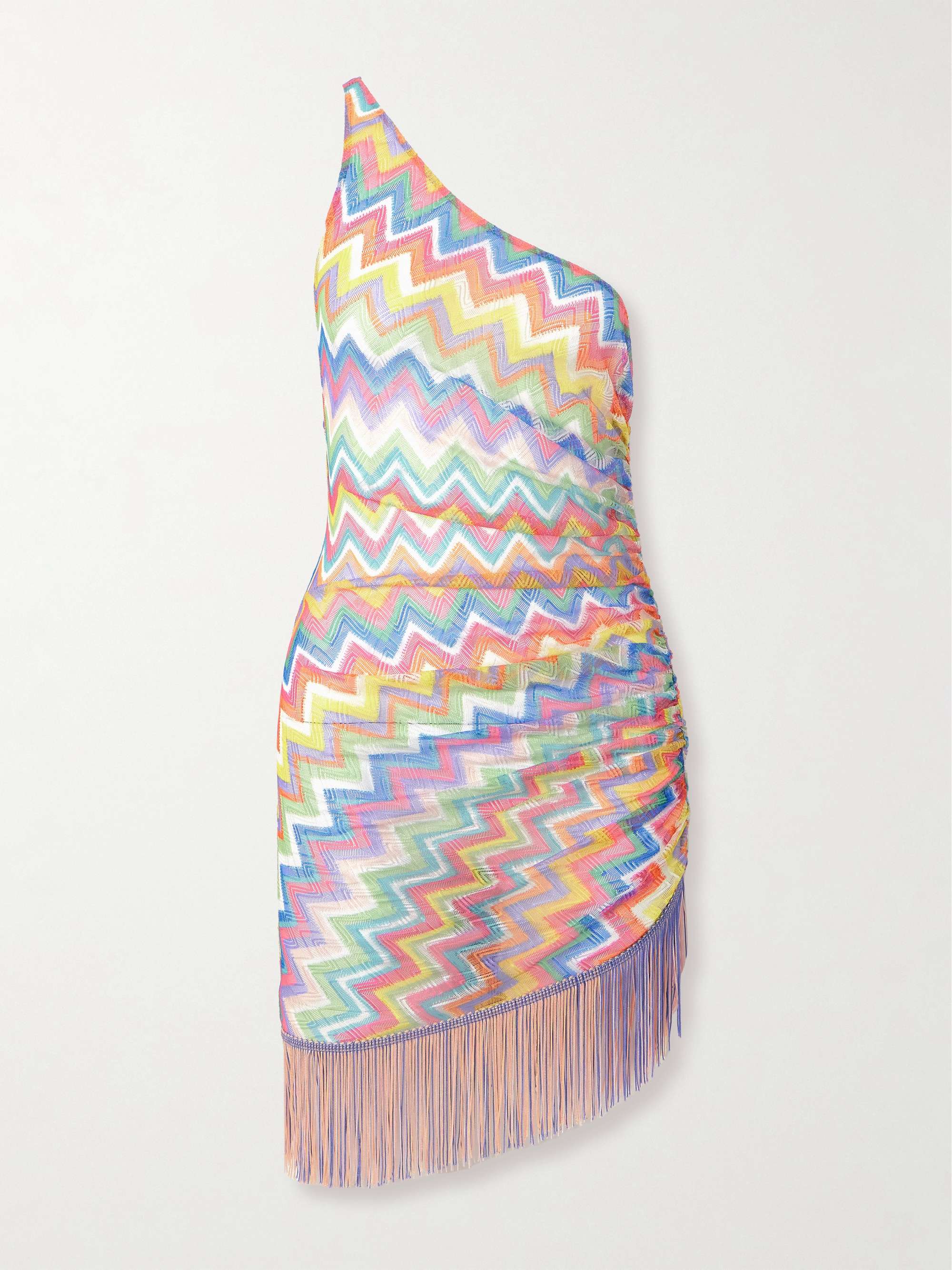 MISSONI One-shoulder fringed striped crochet-knit mini dress | NET 