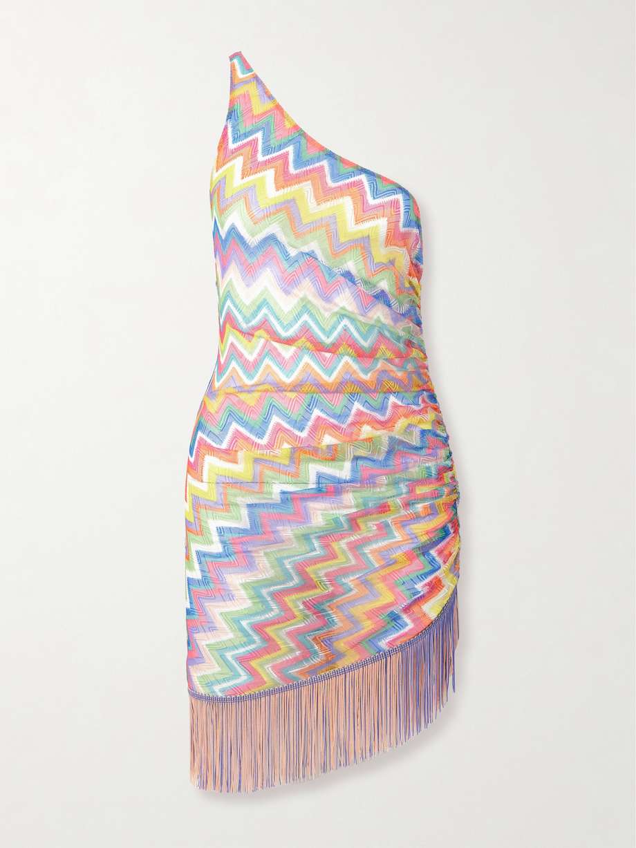 one-shoulder fringed striped crochet-knit mini dress