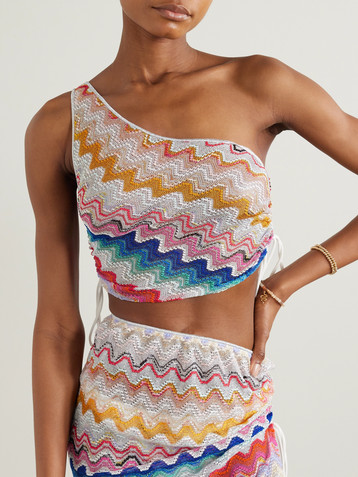 Missoni One-shoulder tie-detailed striped metallic crochet-knit top